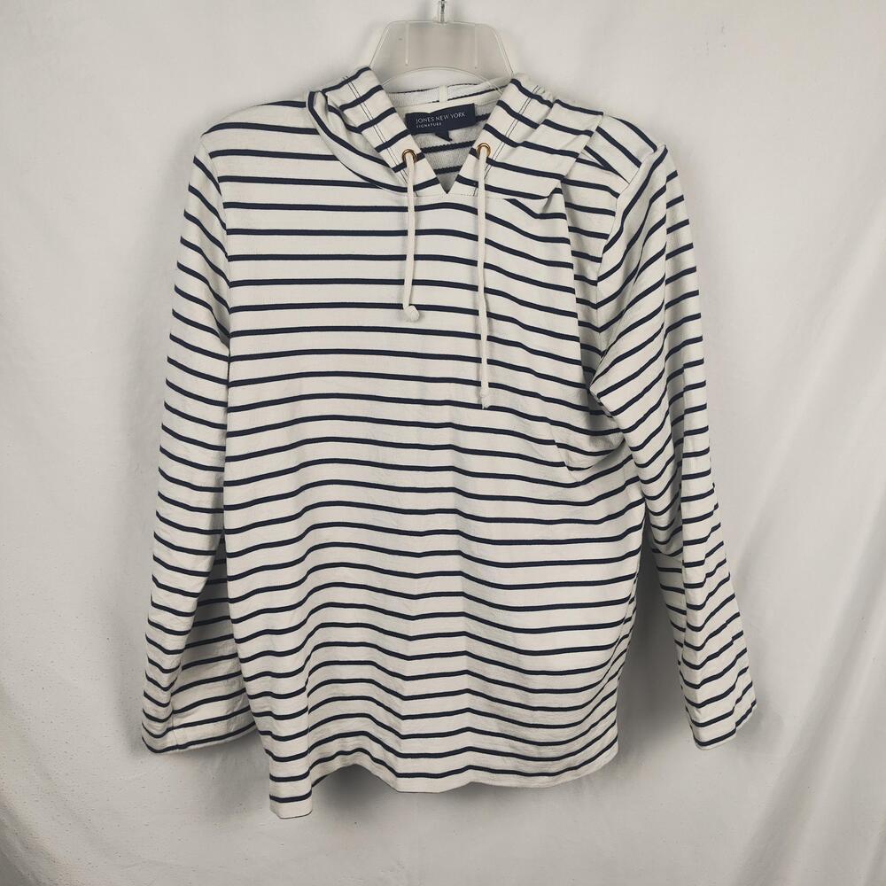 Jones New York Signature Shirt Womens L White Striped Hooded V Neck Long Sleeve